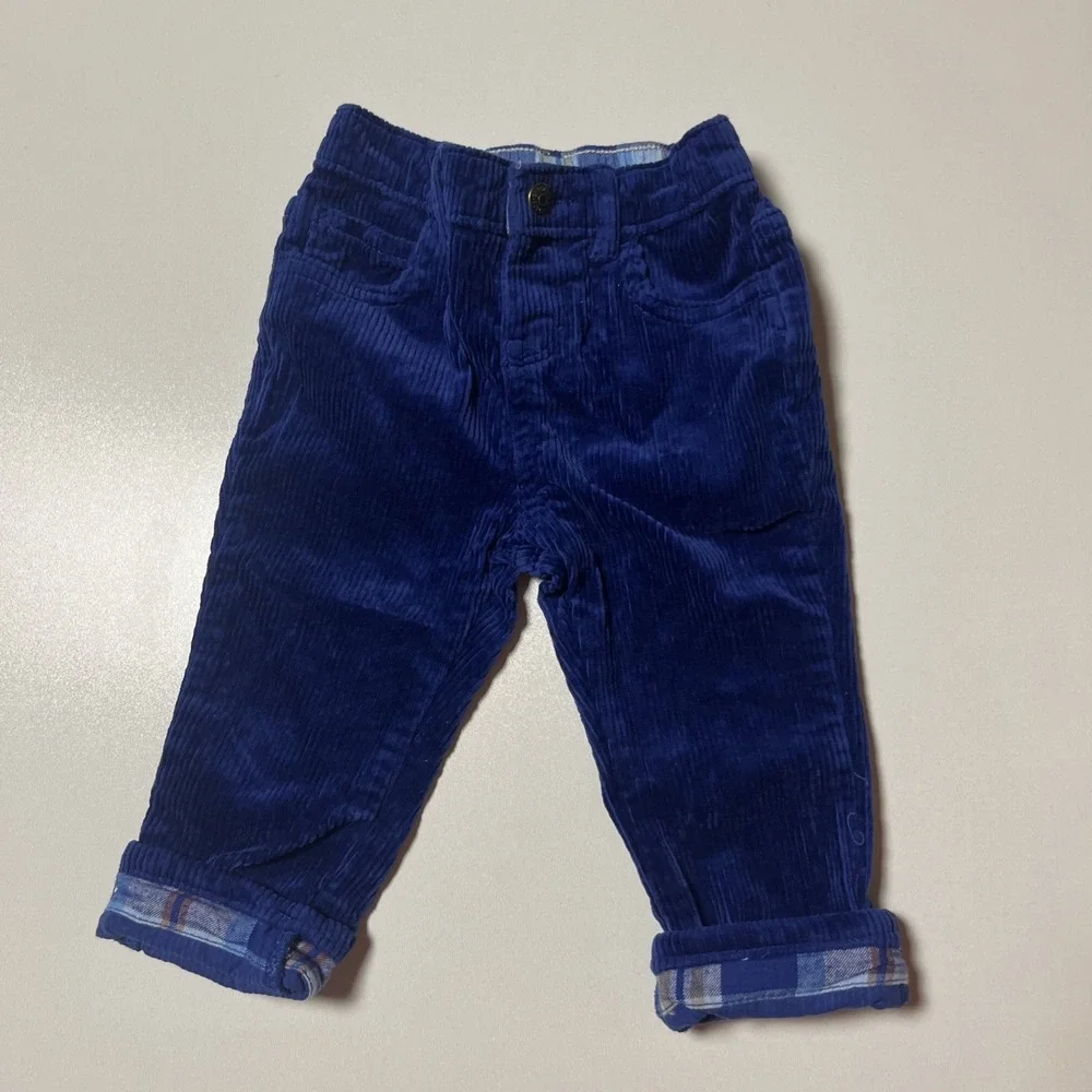 Gymboree Plaid Cuff Corduroy Pants Sz 9-12 M Deep Royal Blue Snap Button Trouser